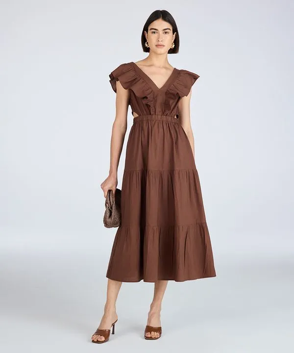 vestido evasê feminino com babados e recortes marrom M
