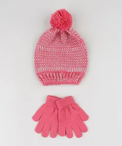 Kit Infantil de Gorro com Lurex + Luva em Tricô Rosa Único