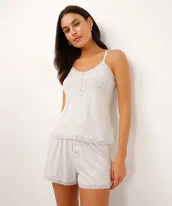 pijama short doll corações com renda cinza GG