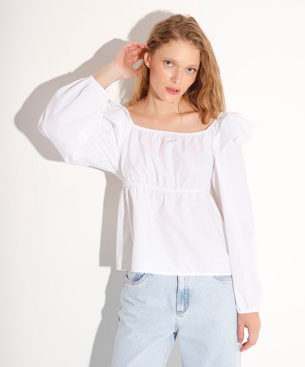 blusa bata manga longa com babado mindset off white M