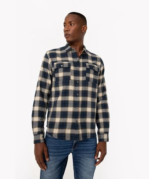 camisa comfort de algodão xadrez manga longa azul médio M