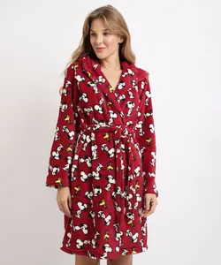Roupão de Fleece Feminino Snoppy com Faixa para Amarrar Manga Longa Vinho GG