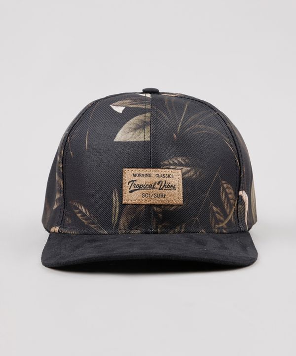 Boné Masculino Aba Reta Estampado de Folhagem com Suede Preto Único