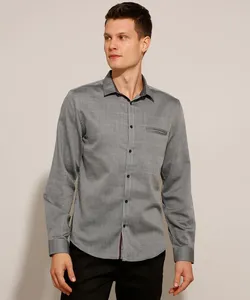 Camisa Slim Jacquard Estampada Xadrez Manga Longa Cinza P