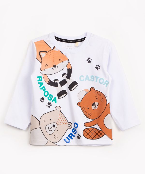 camiseta de algodão infantil bichos manga longa branca 2