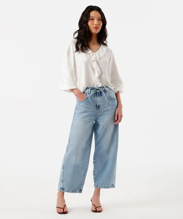 calça baggy balloon feminina jeans com cordão cropped azul 38