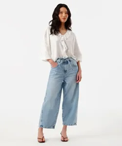 calça baggy balloon feminina jeans com cordão cropped azul 38