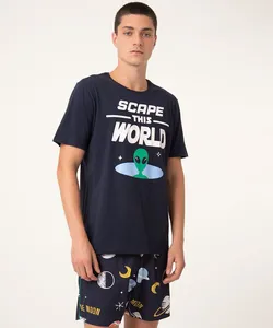 pijama manga curta de algodão universo tal pai tal filho azul marinho GG
