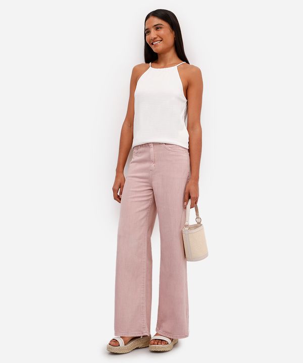 calça wide leg feminina de sarja cintura alta rosa 40