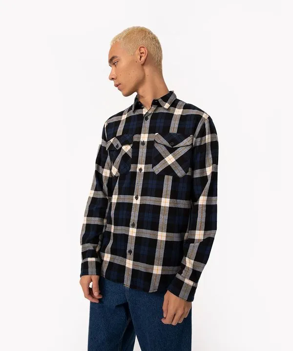 camisa de flanela xadrez manga longa azul marinho PP