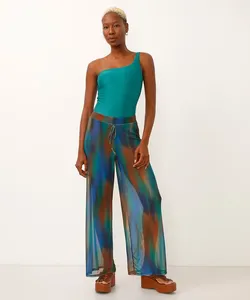 calça saída de praia tule com fenda azul GG