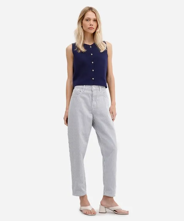 calça mom feminina sarja cintura super alta listrada azul 36