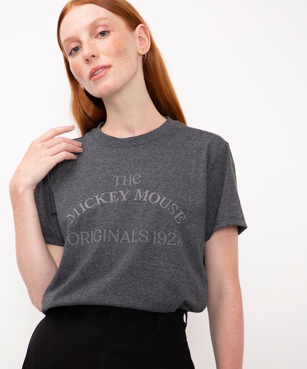 camiseta de algodão manga curta bordado mickey mouse cinza M