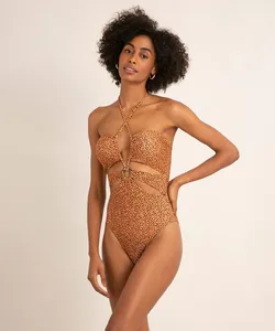 maiô bojo fixo estampa animal print cut out com amarração e proteção uv50+ caramelo M