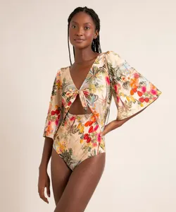 maiô body estampado flor de jambo manga ampla decote V proteção uv50+ além dos mares salvador preta gil bege G