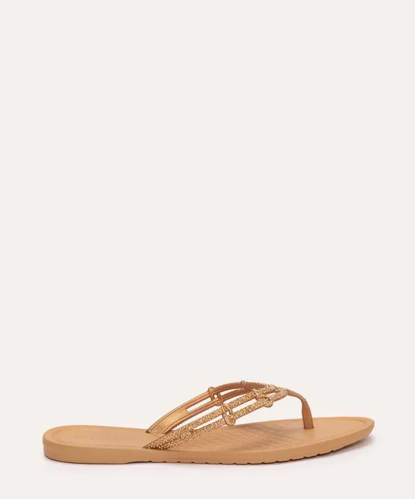 sandália flat reluzente texturizada grendha dourado 39-40