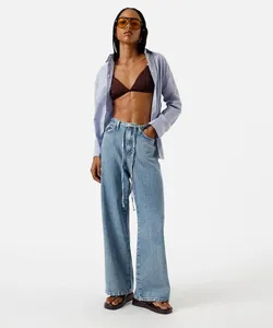 calça wide leg feminina jeans listrada azul 38