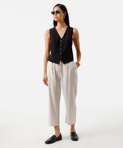 calça jogger feminina com linho listrada areia 44