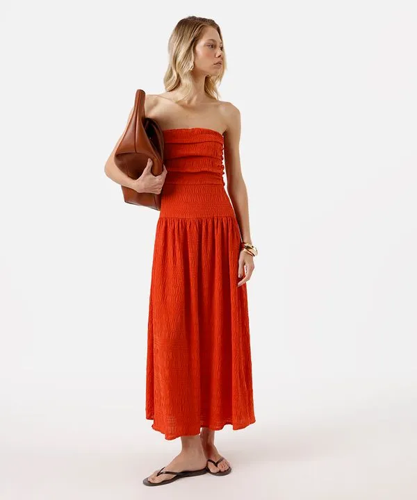 vestido midi sem alça feminino com pregas texturizado laranja G