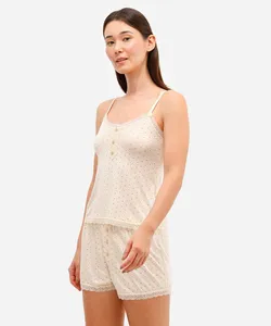pijama short doll feminino de viscose poá bege PP