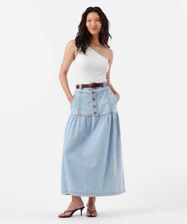saia midi feminina jeans com recorte cintura alta - jeans claro 34