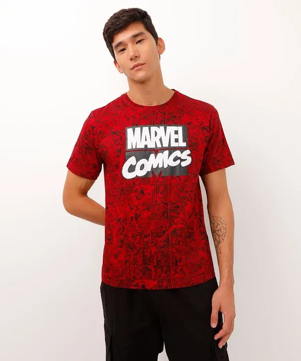 Camiseta Masculina Marvel Manga Curta Gola Careca Vermelha P
