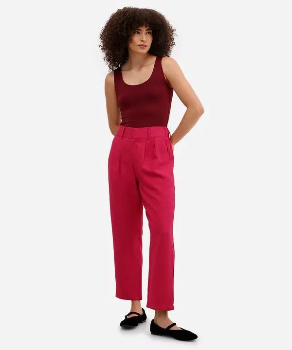 calça de alfaiataria feminina cós elástico rosa 40