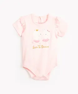 body infantil de algodão gatinho manga curta com babado rosa 6-9