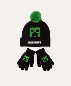 kit de gorro infantil de tricot minecraft + luva preto UNICO