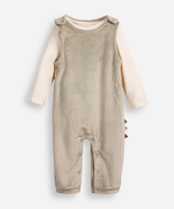 jardineira longa infantil de plush com blusa dinossauro verde 3-6