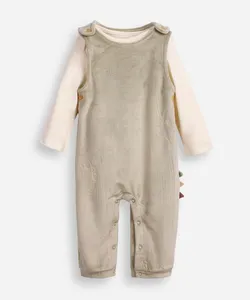 jardineira longa infantil de plush com blusa dinossauro verde 0-3
