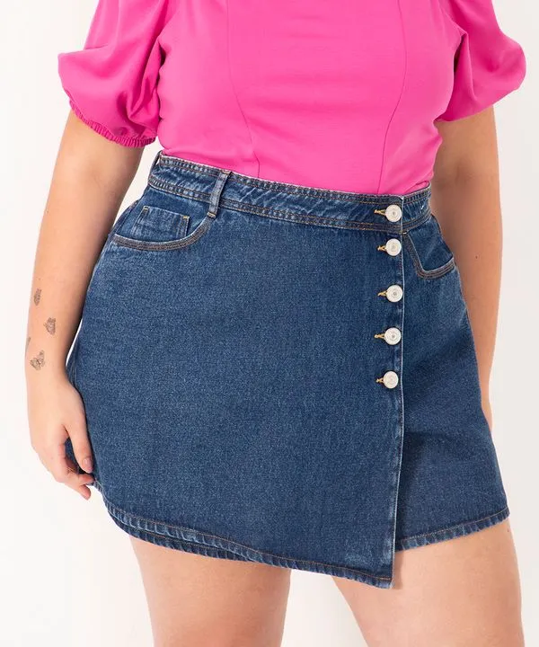short saia jeans plus size cintura super alta azul médio 56