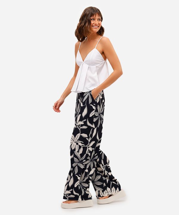 calça wide leg feminina texturizada floral azul PP
