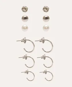 kit de 6 brincos com argola e pérola prateado Único