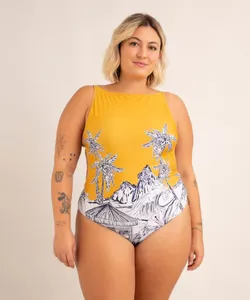 maiô plus size frente única estampado pôr do sol sem bojo proteção uv50+ além dos mares noronha manu gavassi amarelo GG2