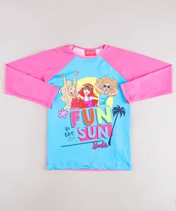Blusa de Praia Infantil Barbie Raglan Manga Longa com Proteção UV50+ Rosa Neon 10