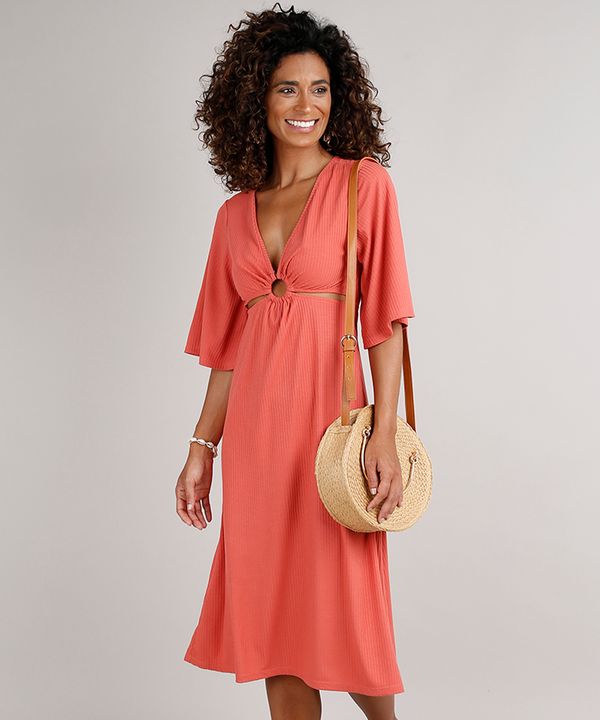 Vestido Feminino Midi Canelado com Vazado Manga 3/4 Coral GG