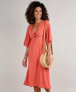Vestido Feminino Midi Canelado com Vazado Manga 3/4 Coral G