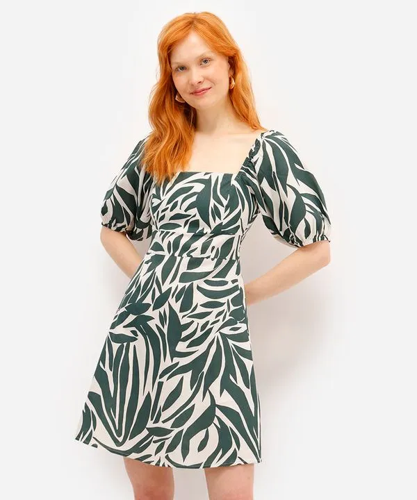 vestido curto feminino com linho estampado off white PP