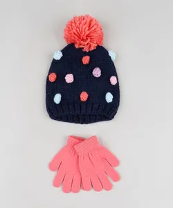 Kit Infantil de Gorro com Pompons Azul Marinho + Luva em Tricô Coral Único