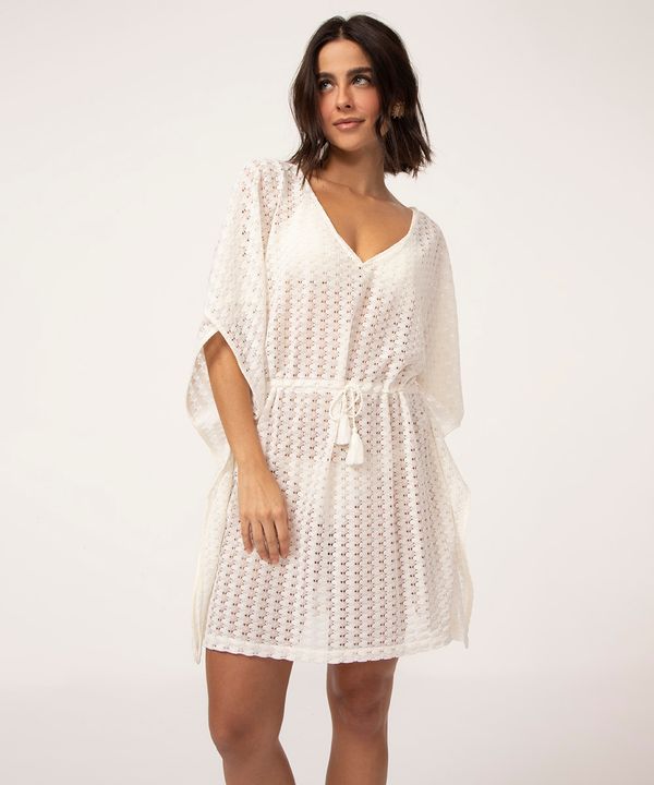 saída de praia kaftan curto de renda com amarração off white G