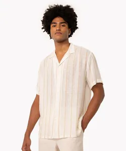 camisa texturizada com linho listrada manga curta bege M