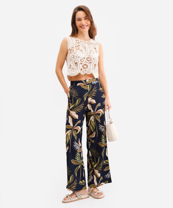 calça wide leg feminina folhagens texturizada azul GG