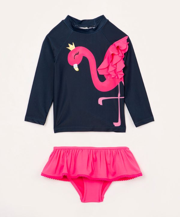 conjunto de praia infantil flamingo manga longa com proteção uv azul marinho 1