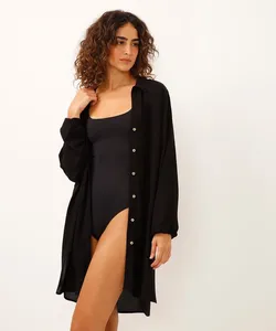 camisa saída de praia de viscose alongada preta M
