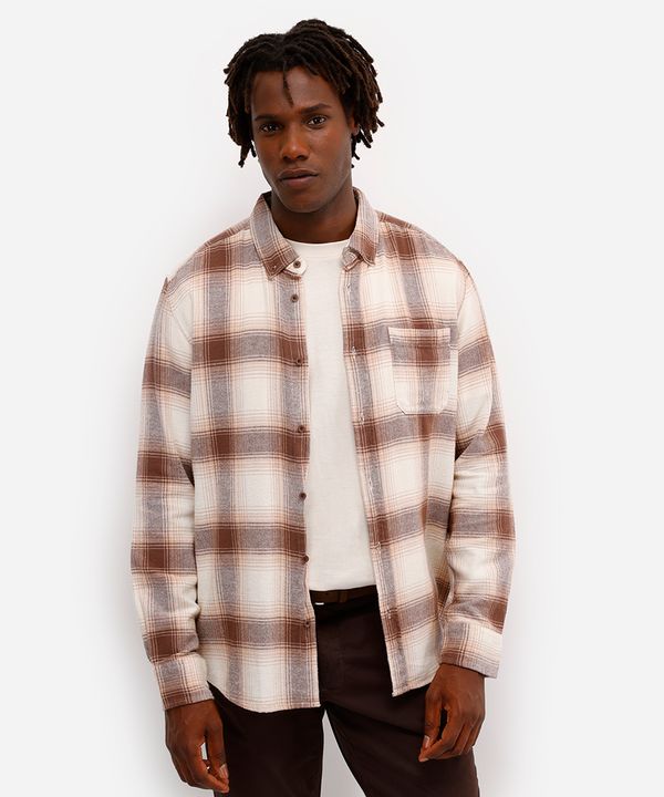 camisa comfort masculina de algodão manga longa xadrez marrom P
