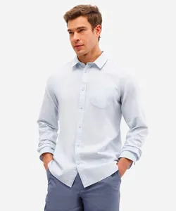 camisa comfort com linho manga longa azul P