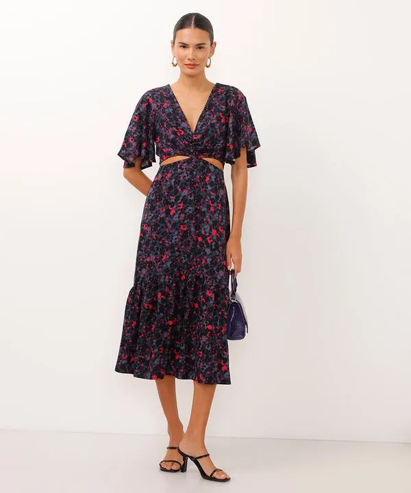 vestido midi de viscose com recortes floral azul marinho GG