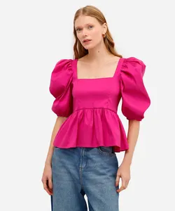 blusa peplum feminina manga bufante rosa P