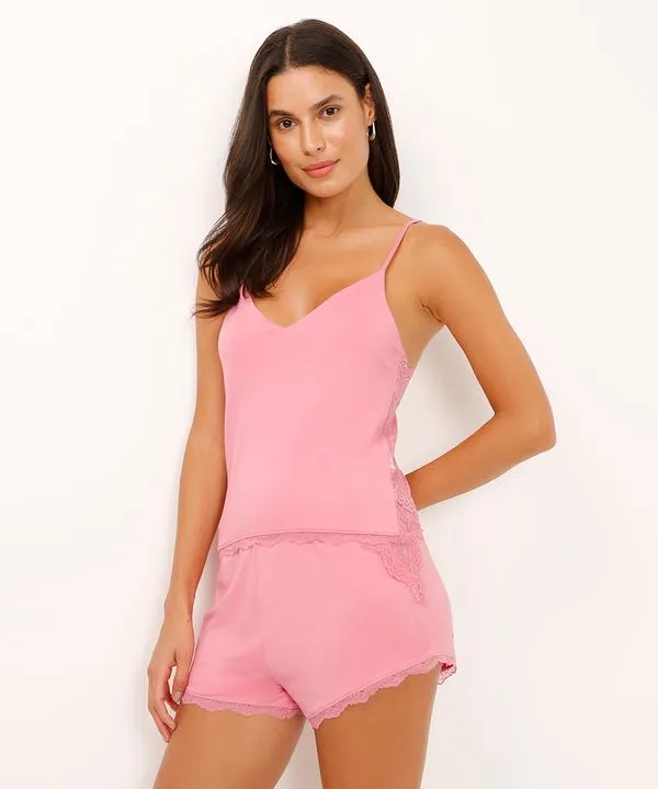short doll alça fina com renda floral rosa P